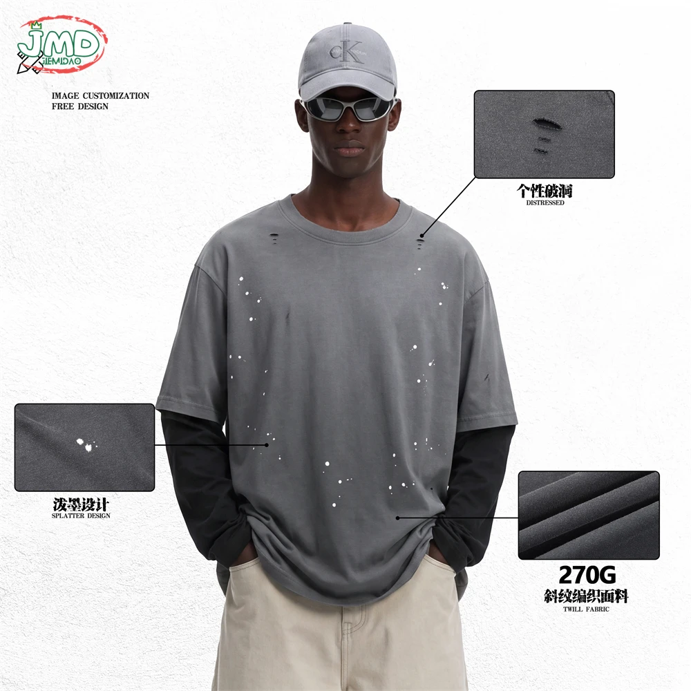 JMD Retro Men 270gsm Fake 2 Piece Long Sleeve T Shirt Unisex Washed Ripped Distressed Cotton T-Shirts Brand Tops QH0147
