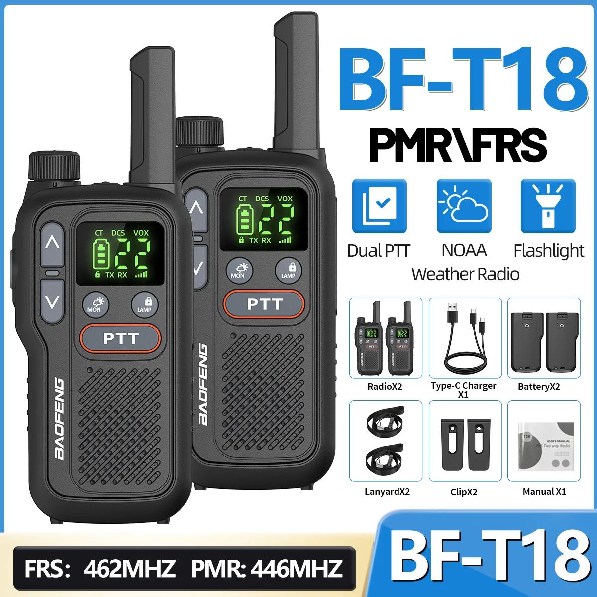 

2PCS Baofeng BF-T18 Mini Dual PTT Walkie Talkie Portable PMR 446Mhz FRS Flashlight NOAA For Camping Two Way Radio F22 PMR