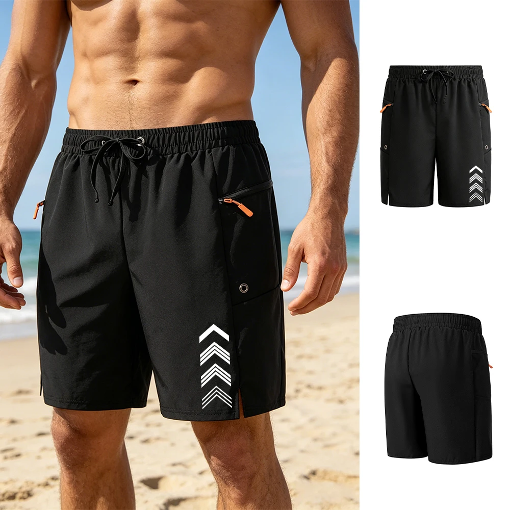 

Men's Casual Board Shorts With Upward Logo Print Quick Drying Breathable Cargo Shorts With Mesh Lining And Zip Pockets