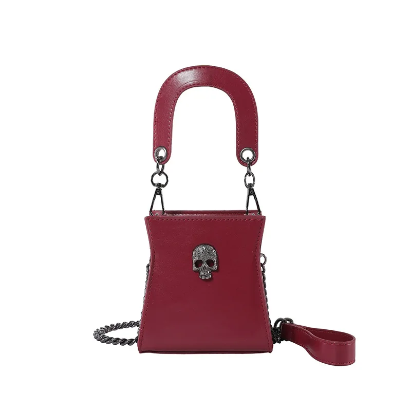 2024 New Ladies Chain Shoulder Bag Locomotive Girls PU Leather Mini Phone Handbag Punk Women Riveted Skull Red Crossbody Bag