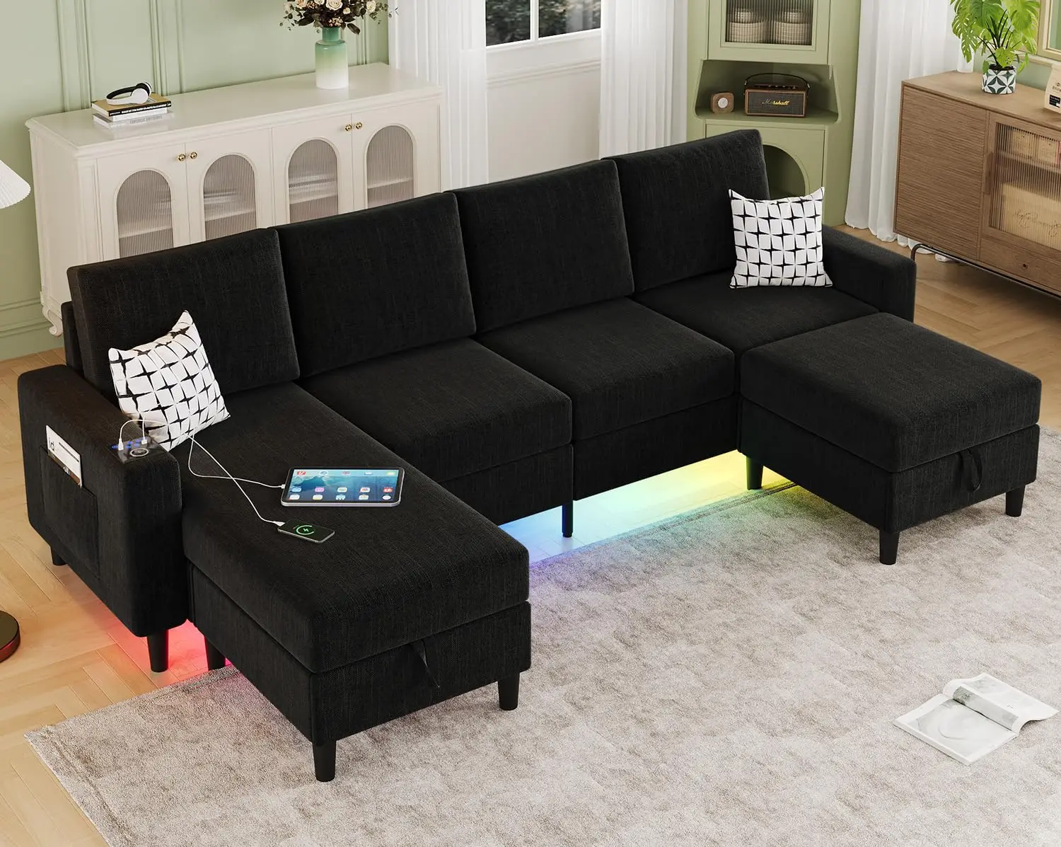 

Sectional Couches for Living Room, 6-Seats Soft Linen Fabric Sectional Sofa with Storage Ottoman, Modern Convertible U/L Shaped