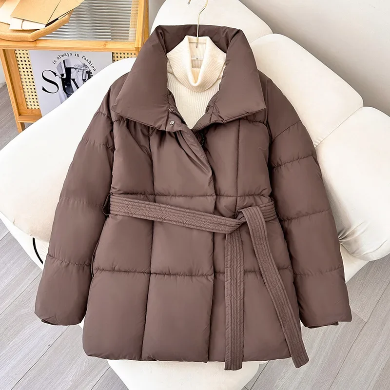 BOBO Elegant Belt Warm Thick Parkas Women Winter Basic Zipper Casual Loose Sleeve Jackets Vintage Chic Padded Coat Clothes Y2K