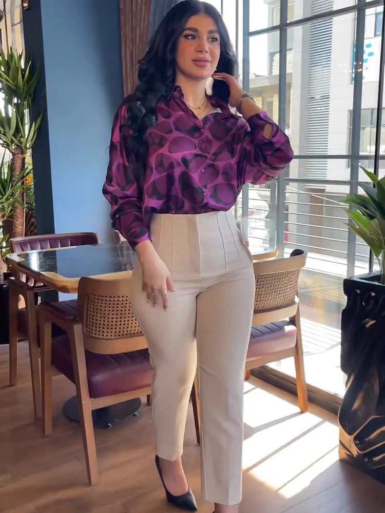 Elegant Women's Two Piece Sets Autumn Print Long Sleeve Shirt Top And Pants Outfits Fashion Office Lady Matching Set Outfit 2023