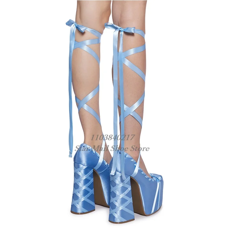 Super Platform Cross Tied Sandals Butterfly Knot Decoration Fashion Catwalk Heels Round Toe Chunky High Heels Big Size Banquet