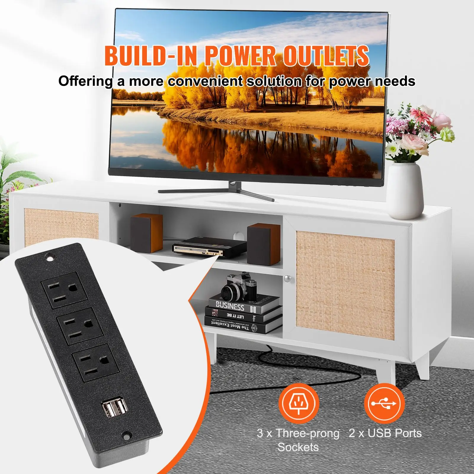 Rattan TV Stand for 75in TV, Boho TV Stand with Rattan Door, Entertainment Center with Build-in Socket, Storage Cabinet with 2 S