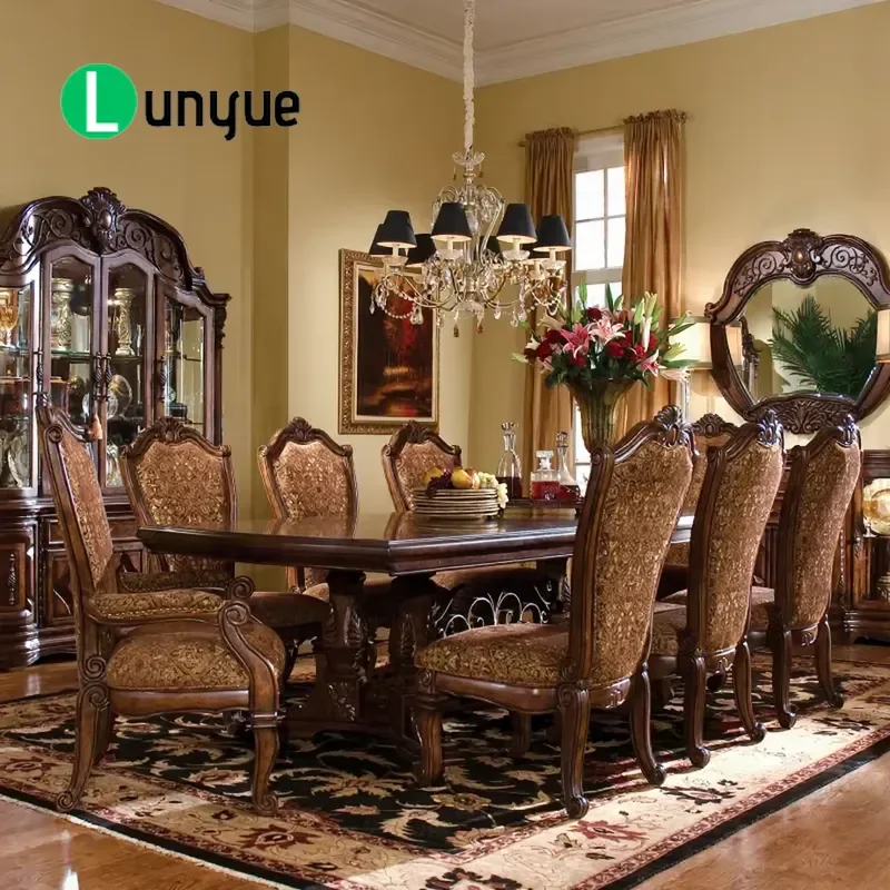 American Custom Handmade Solid Wood Dining Table Set 8 Seater New Design Classic Antique Style Furniture for Dining Room