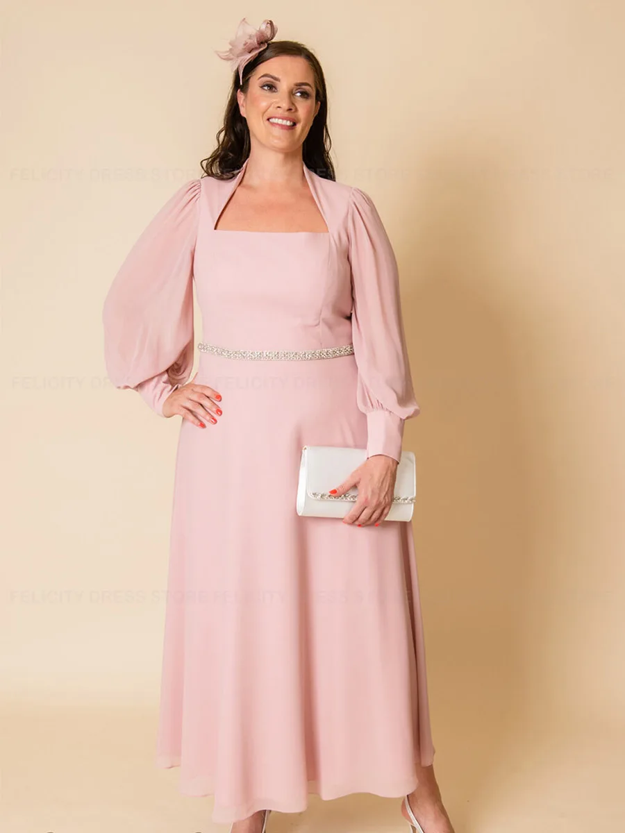 Roze Elegante Plus Size Moeder Van De Bruid Jurken 2023 A-Lijn Vierkante Formele Bruiloft Gast Jurk Chiffon Riem فستان حفلات الزفاkrijgt