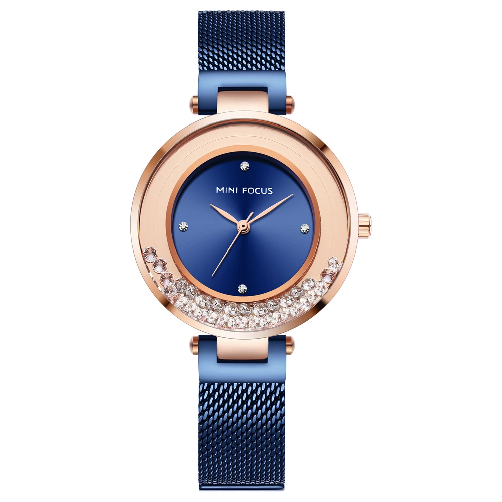 MINIFOCUS Women's Diamond-Set Fashion Watch, Japanese Quartz Movement, Stainless Steel Mesh Bracelet Elegant Wristwatch