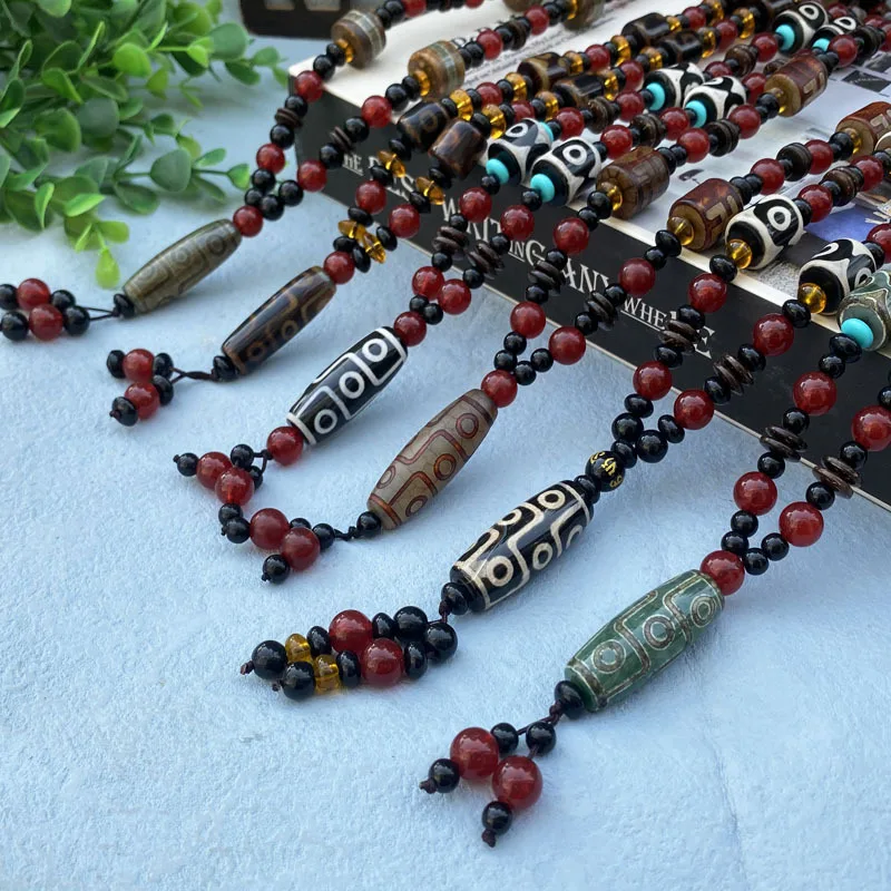 Agate nine- Dzi necklace, unisex sweater , three-eye barrel bead long chain pendant
