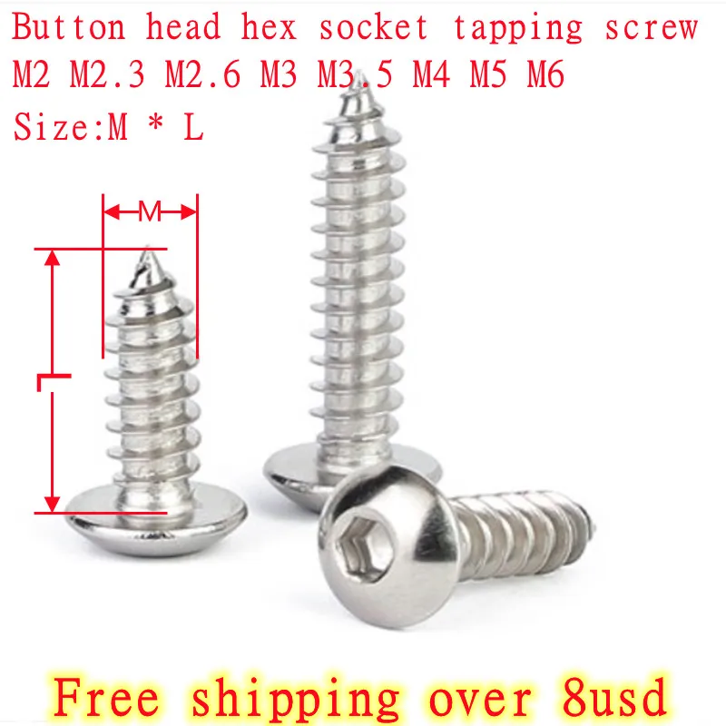 50pcs-1000pcs wholesale M2-M8 Hex Socket Button Head Self Tapping Screws 304 Stainless Steel Round Head Allen Tapping Wood Screw