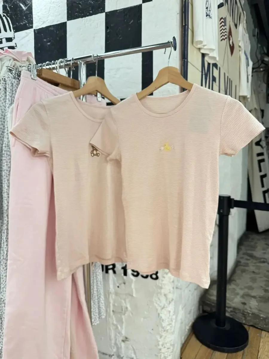 Little Bear Emboidery Striped T-shirt Pant Set Women Short Sleeve Slim Tee+Straight Sweatpant Cotton Home Pajama 2 Piece Sets