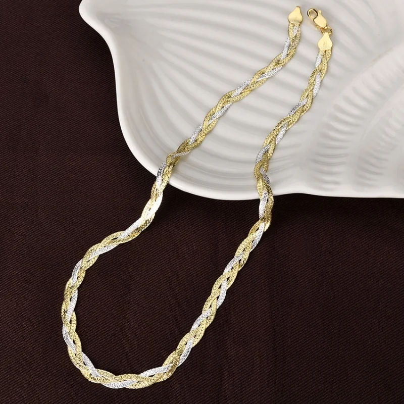 

S925 Silver Two Toned 3 Chains Braid Flat Link Necklace Women Italian Jewelry Trendy Dainty Sparkly 40 /45cm Choker Necklaces