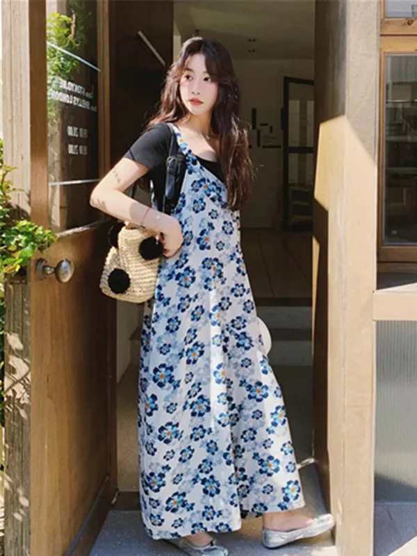 Retro Floral Print Wide Leg Pants Women's Summer New Sle Casual Slimming Strap Susps Skirt High Waist Long Pants