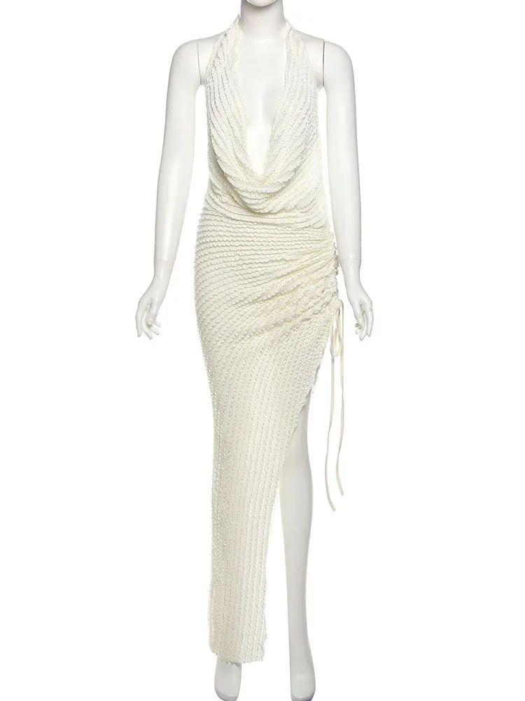 Kliou Shirring BANDAGE ชุดสตรีคลาสสิก Halter แกว่งคอต่ํา Backless ไม่สม่ําเสมอ Vestidos หญิงจัดเลี้ยง Bodycon