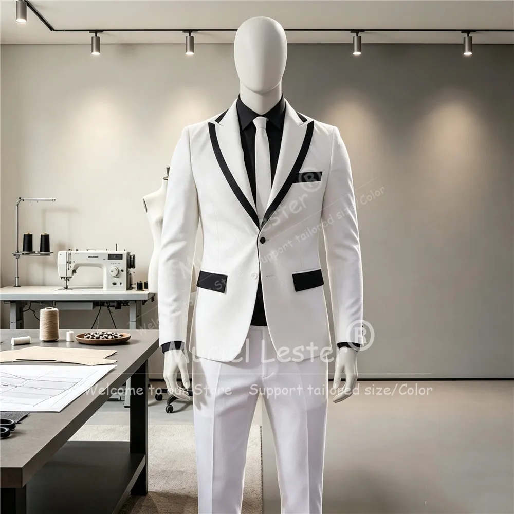 Elegant Spliced Suits Men For Wedding Black Peaked Lapel Jacket Pants 2 Piece Sets Groom Tuxedo Male Fashion Party Prom Blazers