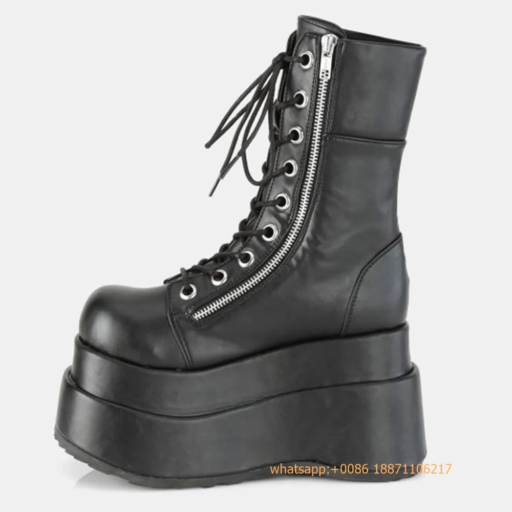 Platform Punk Women's Motorcycle Boots Autumn New Street Rock Round Wedge Heel Lace-Up Gothic Boot Black Sports Casual Zip Boots