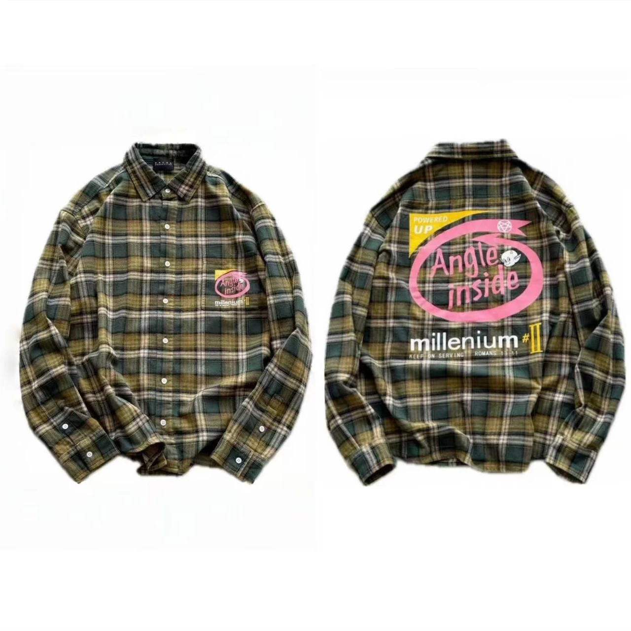Devil graffiti washed checkered Shirt Men Women High Quality Handmade destruction of tassels at the hem Oversize Shirt
