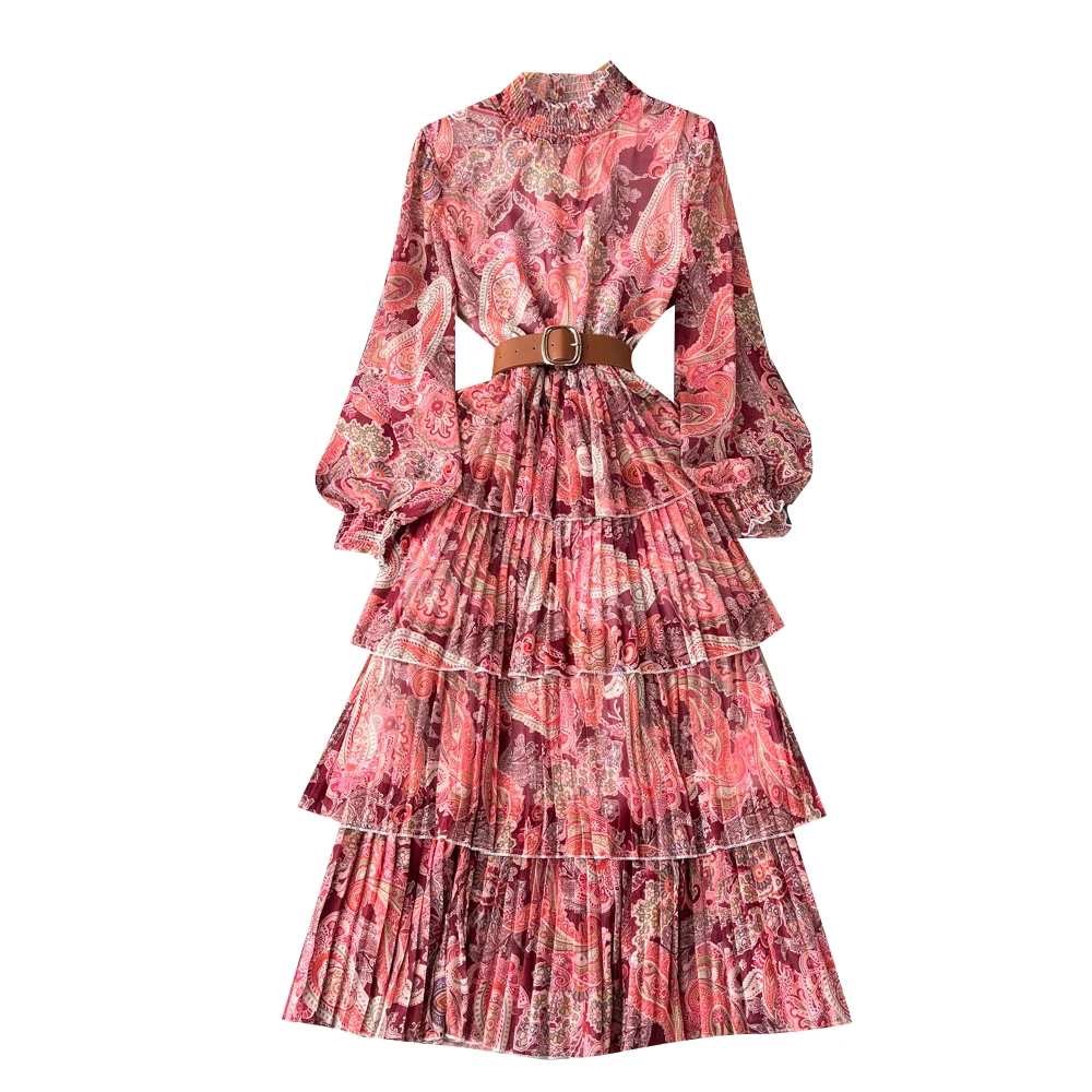 Vestido Midi F de Manga Longa com Estampa e Saia Godê, Cintura Alta, Manga Lanterna, Estilo Camadas, para Primavera e ...