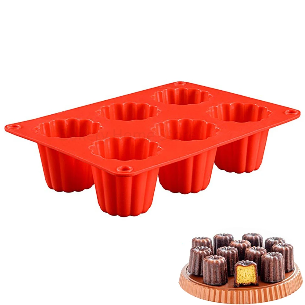 6-Cavity Canele Silicone Mold Non-Stick Caneles Muffin Cupcake Pan Chocolate Ice Cream Pudding Mousse Mould DIY Cake Decoration