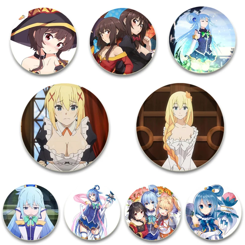 

Konosuba Anime Character Round Pin Cartoon Badge Snap-in Button Pins Brooches for Clothes Decoration Jewelry Accessories Gifts