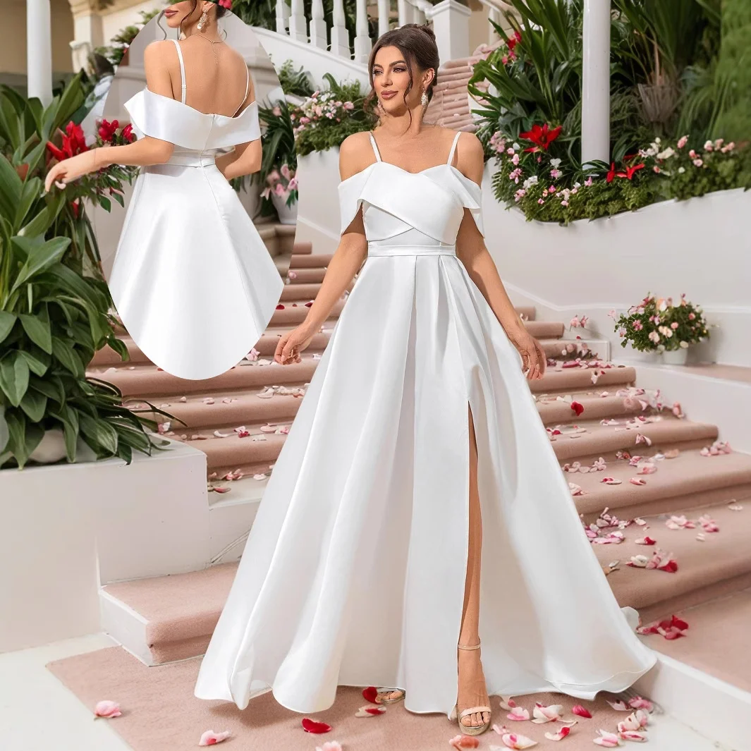 

White Deep-V Shoulder Bared Strap Evening Gown Split Long Ball Gown Elegant Wedding Dress Polyester Fiber Floor-Length