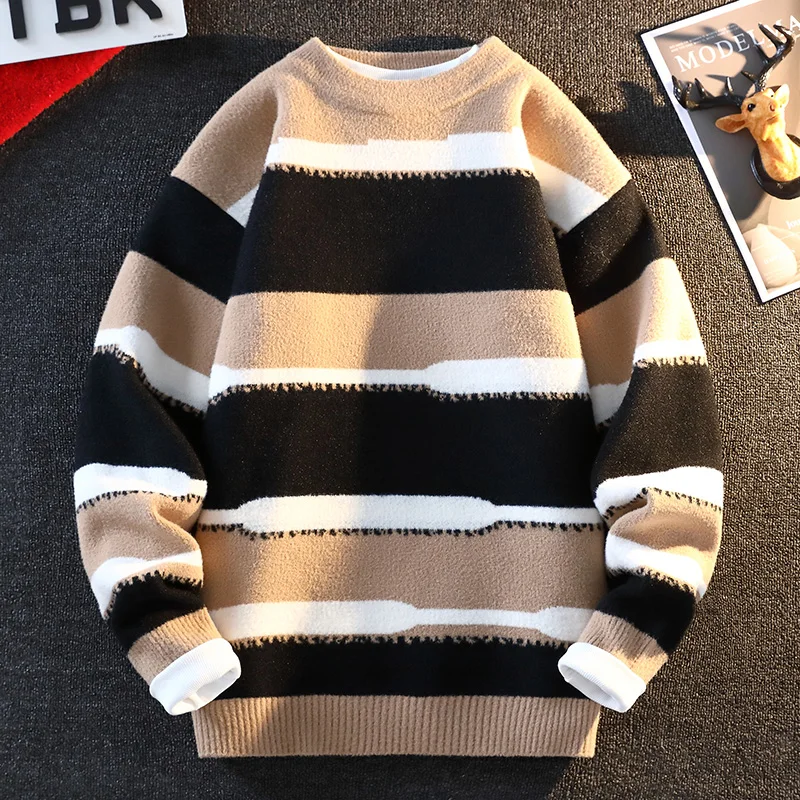 Suéter de moda de invierno para hombre, jerséis de punto informales, suéteres de punto sueltos y gruesos y cálidos, ropa de calle con cuello redondo para hombre 2024