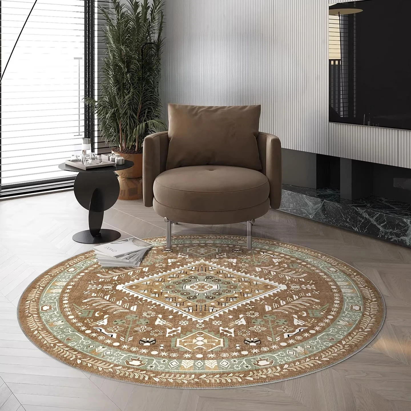 Vintage Persian Red Green Round Living Room Bedroom Lounge Chair Carpet