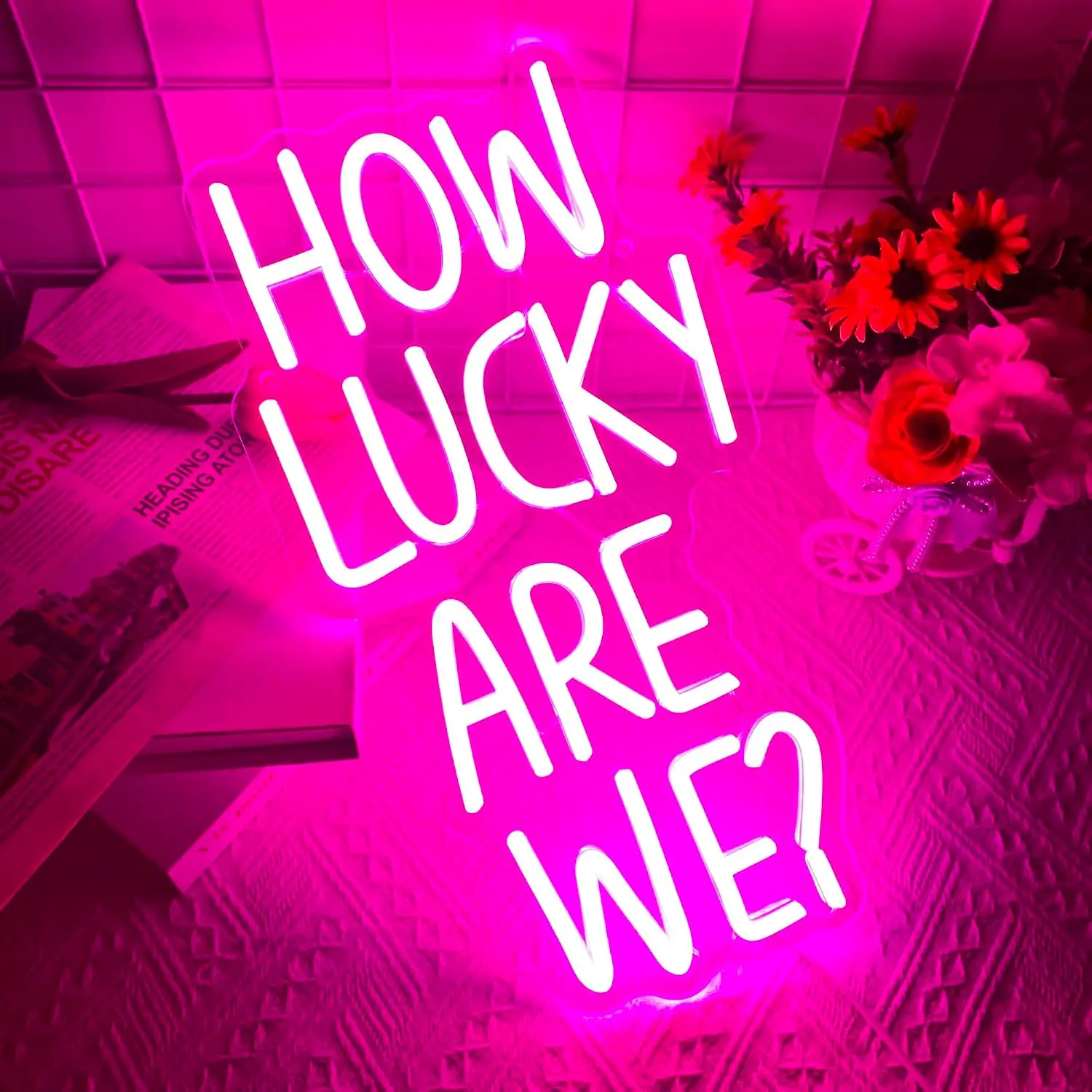 How Lucky Are We Neon Sign LED Letter Wall Light, USB Powered Neon Lamp, Christmas Gift Bedroom Wedding Party Home Decoration