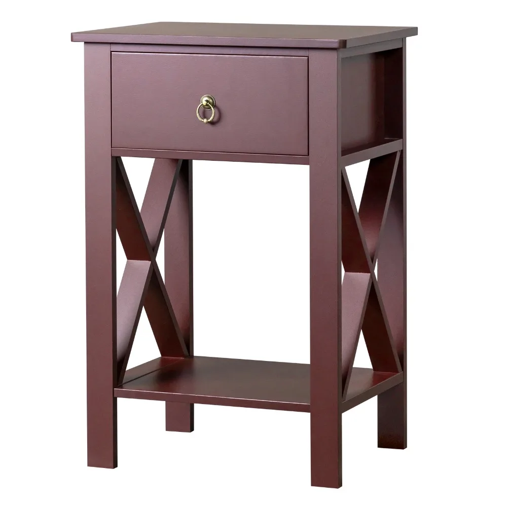 Side Intersection Style Bedside Table Coffee Table with Two-layer Drawer Brown, Nightstands