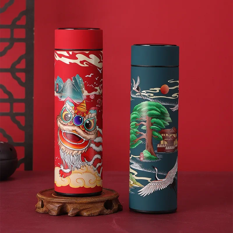 Intelligent insulation cup 304 stainless steel China-Chic style original illustration lion fish dragon red Chinese style ancient