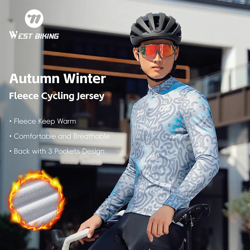 

WEST BIKING Cycling Jersey Thermal Fleece Cycling Jersey Men Long Sleeve Winter Bicycle Jersey YKK Zip Road Mountain Top Clothes