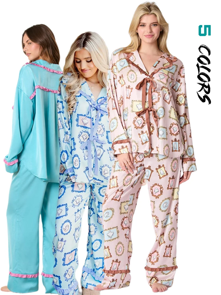 2024 Y2K Ruffle Bow Pajama Sets for Women 2 Piece Shorts Cute Long Sleeve Matching Lounge Shirt Sets 90S Santa Claus Pajamas Set