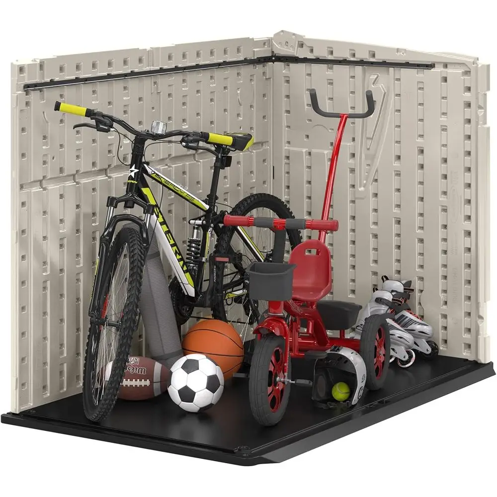 سقيفة تخزين أفقية للاستخدام الخارجي - لمسة نهائية طبيعية تشبه الخشب، راتينج مقاوم للطقس، غطاء مفصلي، أرضية معززة - الولايات المتحدة الأمريكية