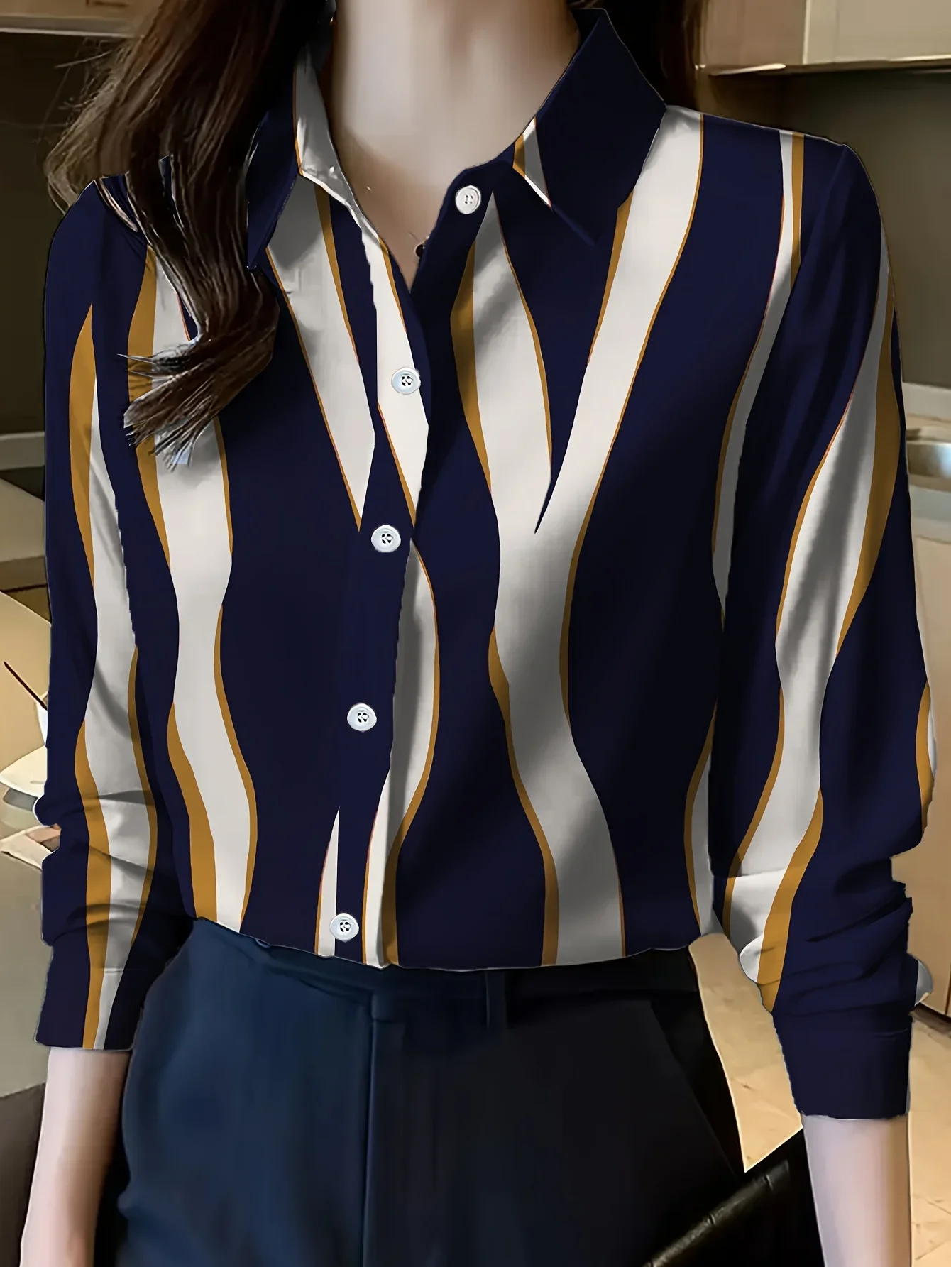 

Boutique Ladies Lapel Button Shirt Elegant Temperament Long Sleeve Textured Design Shirt Ladies Daily Commuter Fashion Shirt