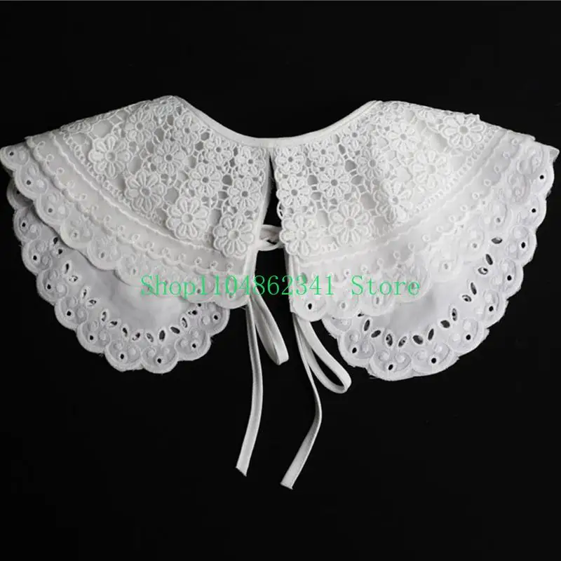 652F Embroidery Petal Floral Lace Fake Collar Shawl Wrap 3 Layer Hollow Out Short Poncho Capelet Scalloped Trim Necklace