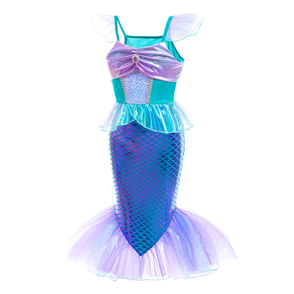 Disney Little Mermaid Dress Girls Princess Cosplay Costume Birthday Carnival Halloween Party Clothing Kids Ariel Fishtail Skirt