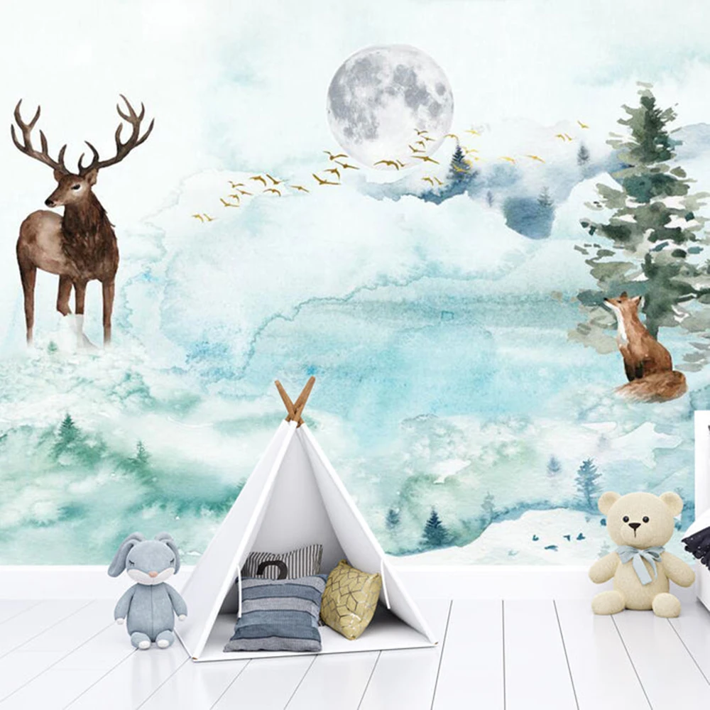 

Milofi custom forest wallpaper mural/watercolor style elk fox moonlit night, fresh children's room decoration wallpaper