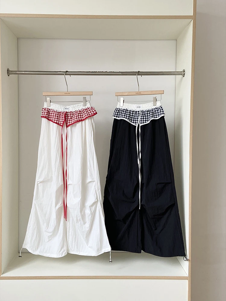 

Женские летние клетчатые лоскутные брюки-карго в американском стиле в стиле ретро, плиссированные повседневные брюки с высокой талией