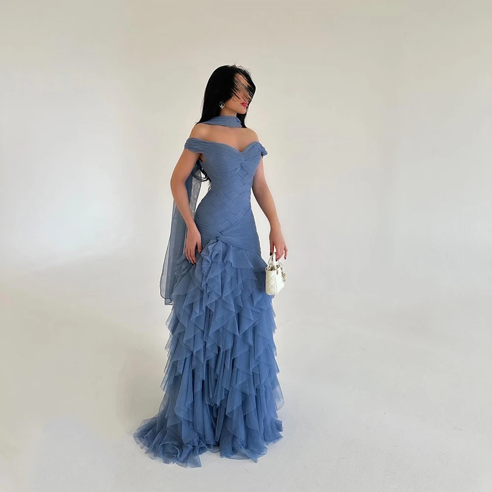 

Customized Blue Chiffon Off the Shoulder Evening Dress Sleeveless Draped A-line Prom Gown Backless Floor Length Party Dress