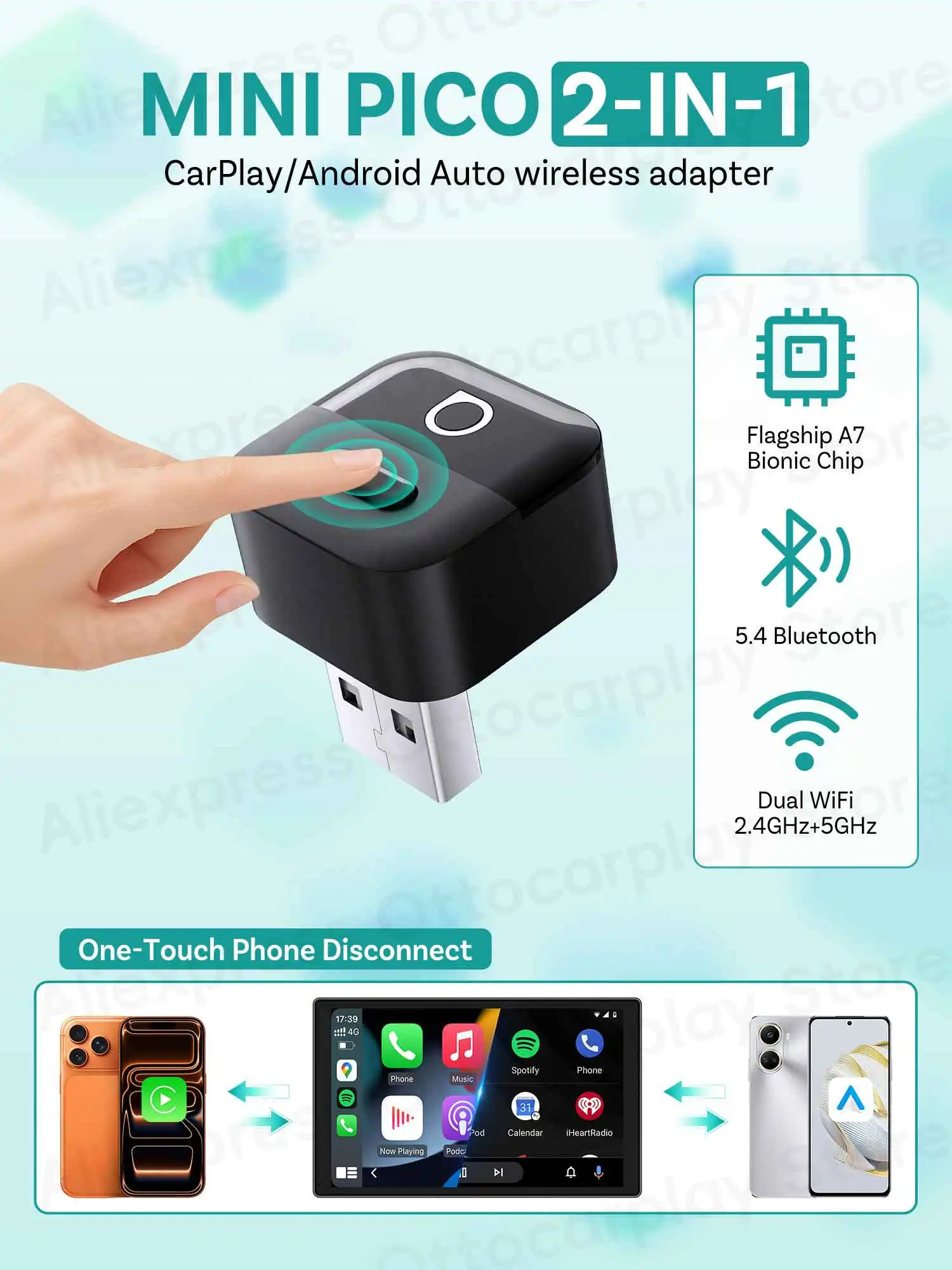 OTTOCAST Mini Pico 2026 Draadloze CarPlay Android Auto Adapter voor iPhone & Android Telefoons Autoaccessoires voor VW Toyota Ford Benz - afbeelding 2