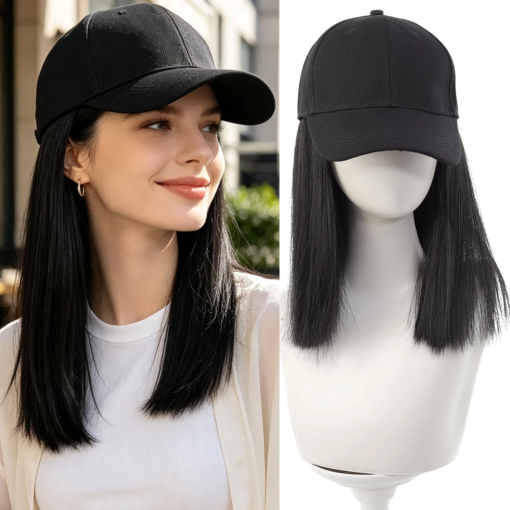 10Inch Synthetic Long Straight Black Baseball Cap Wig Adjustable Hat for Women Outdoor Daily Casual Street Hair Style ﻿
