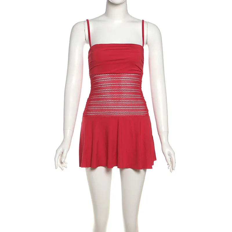 Mini abito sexy con cinturino Spagehetti da donna 2025 Moda estiva senza maniche Backless Off Shouder Mesh Abiti corti aderenti eleganti