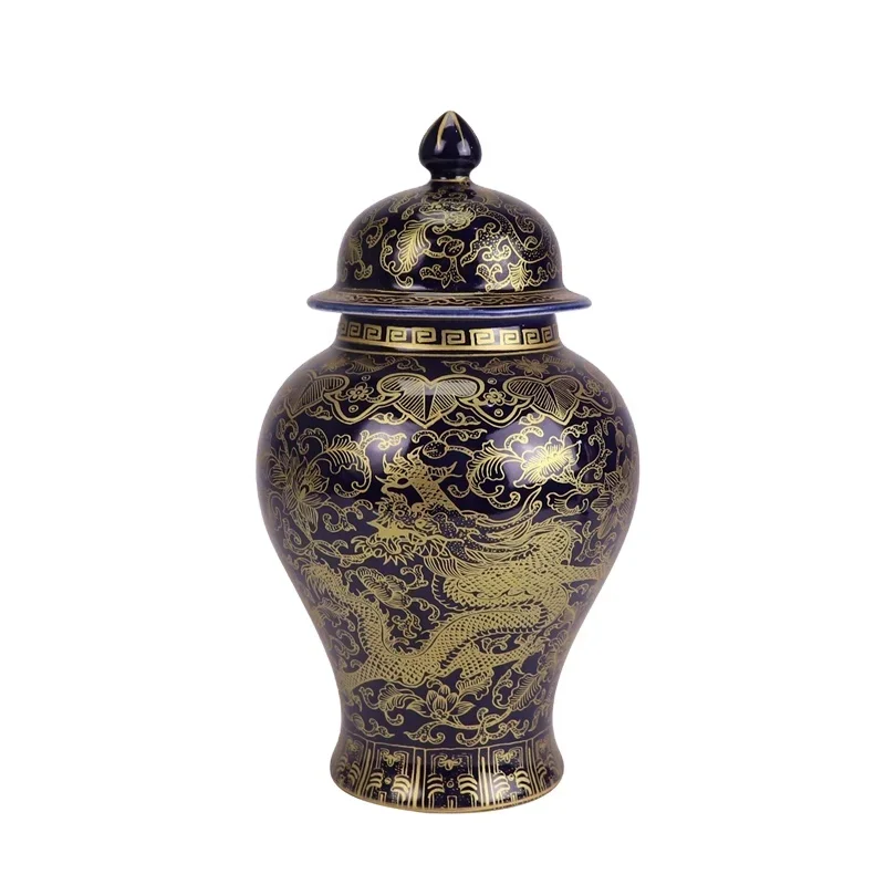 dark blue background gold drawing ceramic temple jars for home decoration