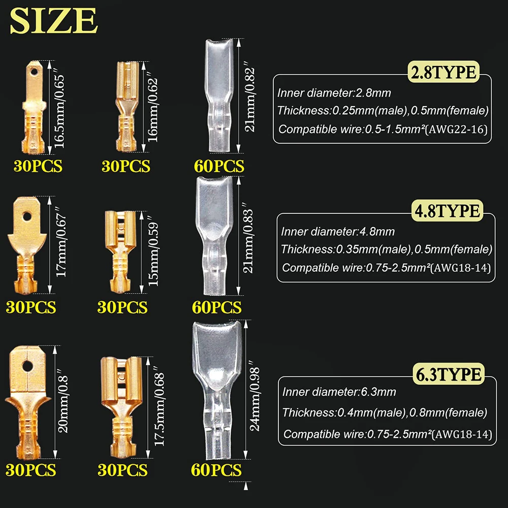 360 Piece 2.8/4.8/6.3mm Quick Splicing Male And Female Wire Board Connector Crimping Terminal Kit Gold, With Insulation Sleeve