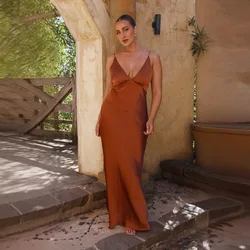 Bridesmaid Collection Maxi Dress In Black Satin Wedding Party Guest Dress In Rust V-Neck Dress For Women