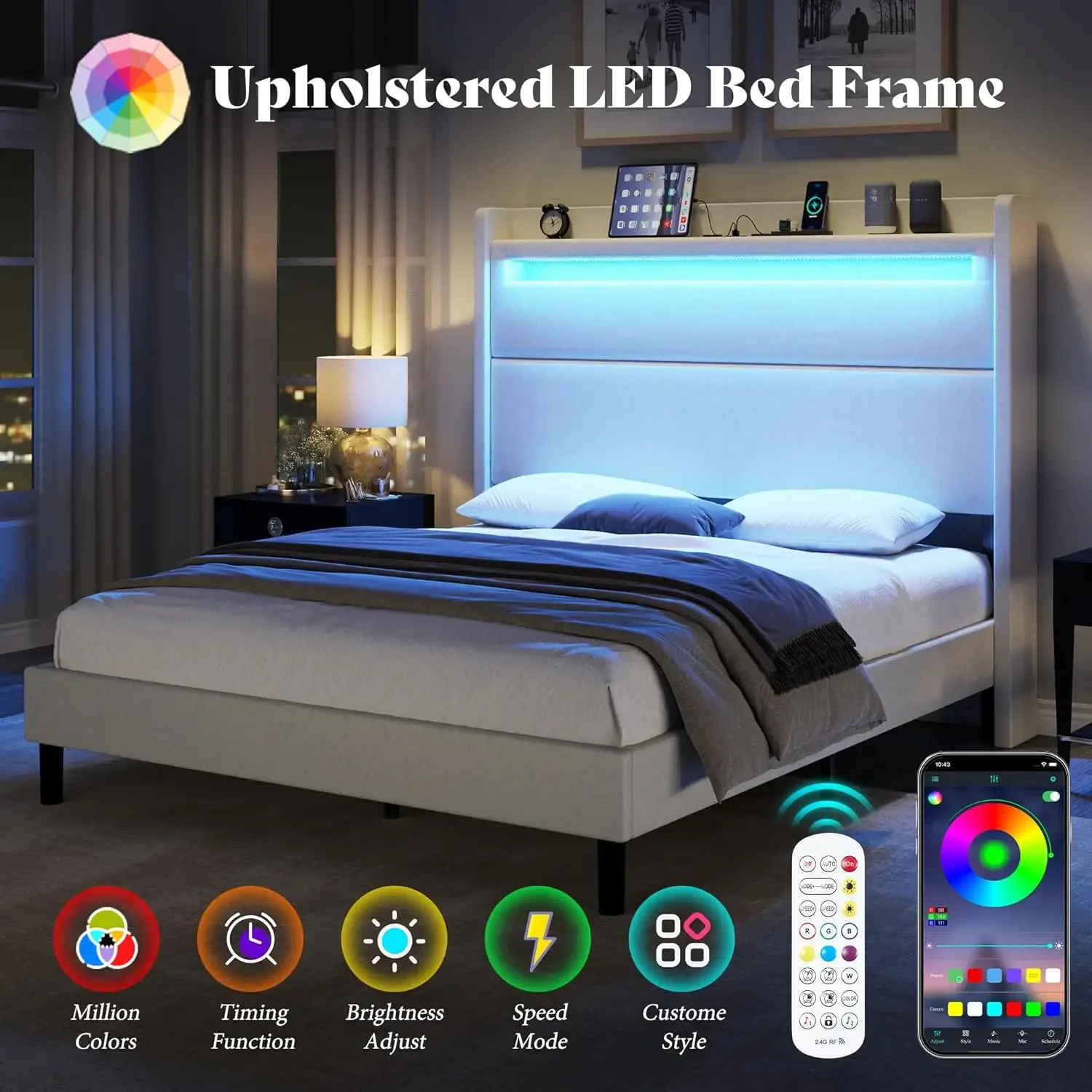 Marco de cama tamaño queen con luces LED y cabecera trasera, cama con plataforma tapizada con puertos USB y USB-C, no necesita somier