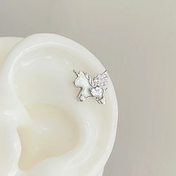 1PCS Silver Color Unicorn Shiny Love Heart Zircon 316L Stainless Steel Ear Bone Nail Fashion Y2K Earring for Women Jewelry Gift