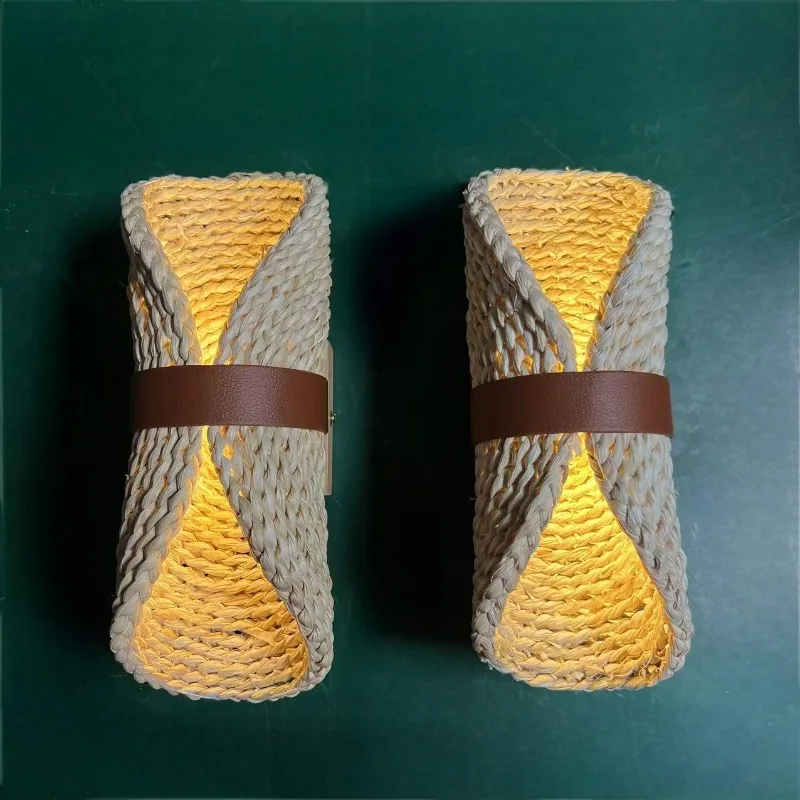 Designer Creative Straw Weaving Wall Lamps Vintage Atmosphere Sconces Bedroom Restaurant Hallway Homestay Decorative LED Lights
