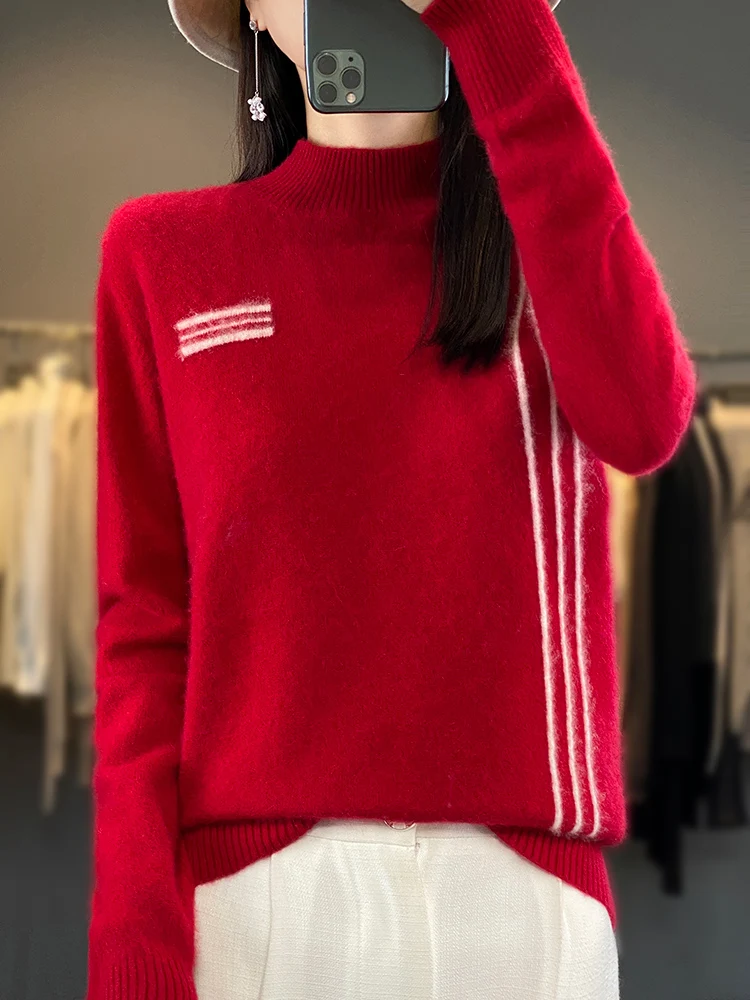 Autumn Winter 100% Merino Wool Women's Sweater Mock-neck Pullover Cashmere Knitwear Clothing Korean Popular Female Jumper Tops