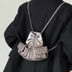 Women Silver Fashion Backpack String Multi-pocket Bucket Bag Designer Mini Shoulder Bags Vintage Black Small Backpacks 2023 New